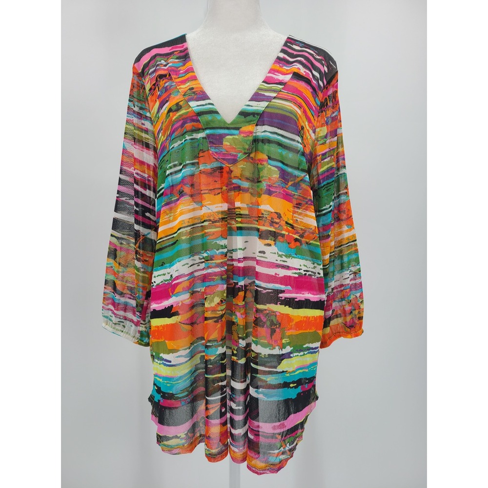 Elliott Lauren Abstract Multicolor Mesh Sheer Tunic Top L Artsy Boho Layering